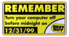 a yellow stamp with a warning to turn your computer off on Y2K